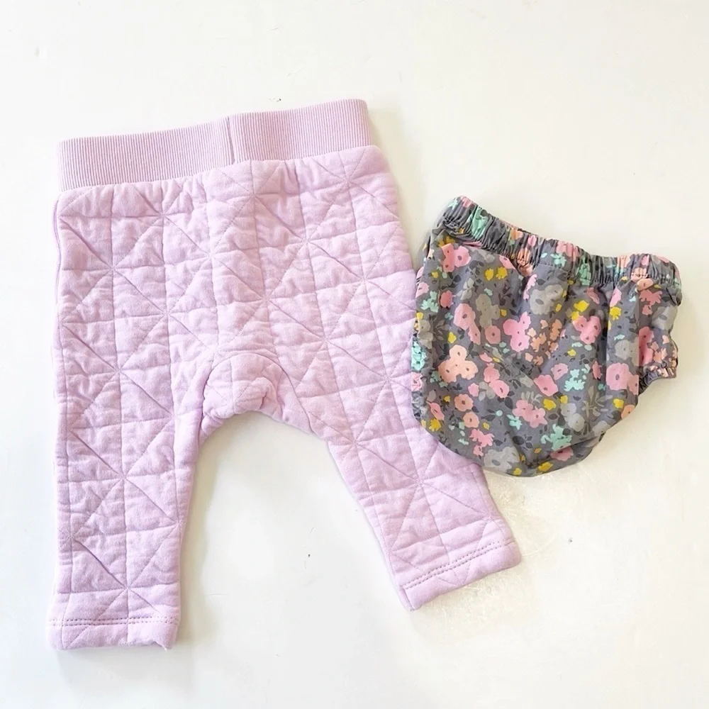 Cotton On Baby purple geometric pants + Carter's floral bloomer